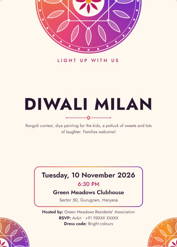 Modern Rangoli Diwali invitation template in Sunrise, shown with sample details